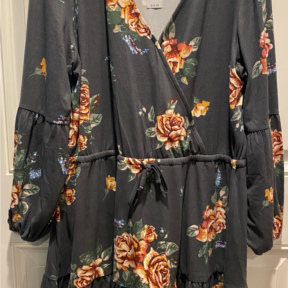 Maurices Gray and Orange V-Neck Sundress with Bishop Sleeves